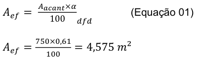 𝐴𝑎𝑐𝑎𝑛𝑡×𝛼 𝑑𝑓𝑑 (Equação 01) 𝐴𝑒𝑓= 100 750×0,61 = 4,575 𝑚² 𝐴𝑒𝑓= 100