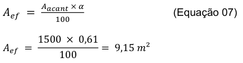 𝐴𝑎𝑐𝑎𝑛𝑡 × 𝛼 (Equação 07) 𝐴𝑒𝑓 = 100 𝐴𝑒𝑓 = 1500 × 0,61 = 9,15 𝑚² 100
